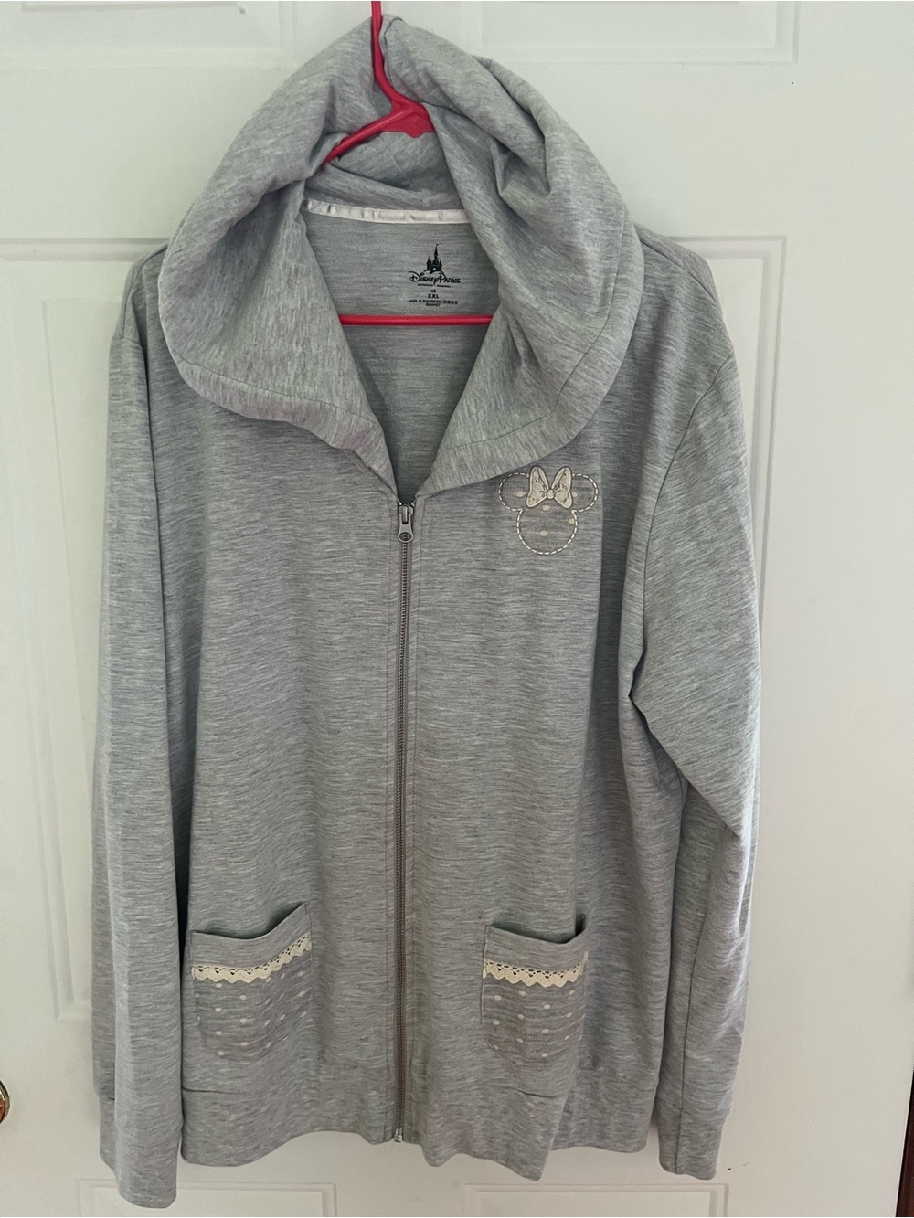 Disney Gray Minnie Mouse Zip Hoodie with Bow Accent,size XXL